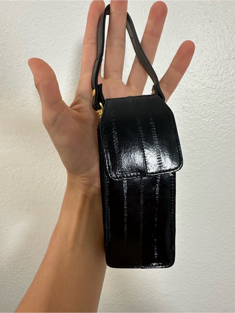 Vintage Genuine Eel Skin Sleek Black Patent Mini Belt Pouch Bag Charm